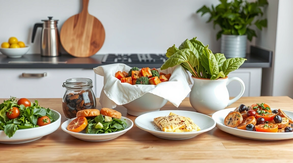 A vibrant and colorful spread of five delicious plant-based dishes, symbolizing enhanced vitality.