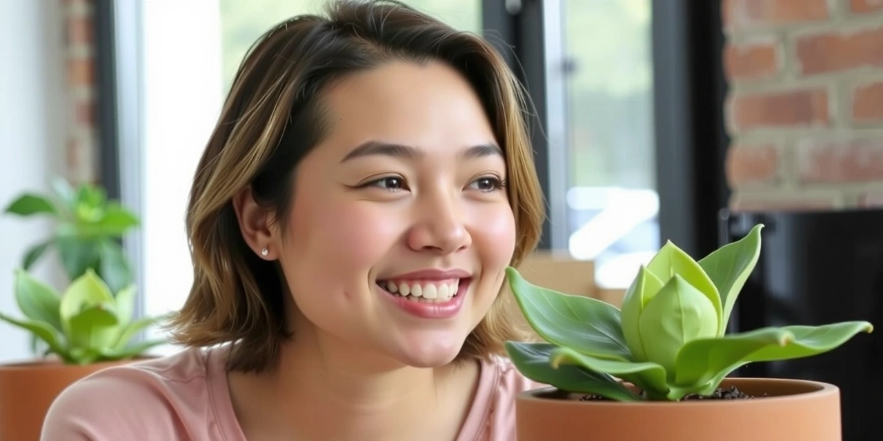A person looking thoughtfully at a plant, symbolizing curiosity and searching for answers