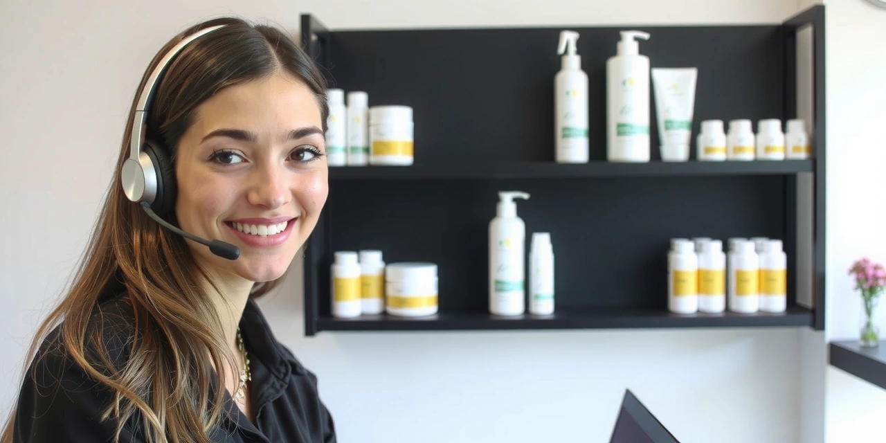 Friendly customer service representative answering phone with herbal products in background