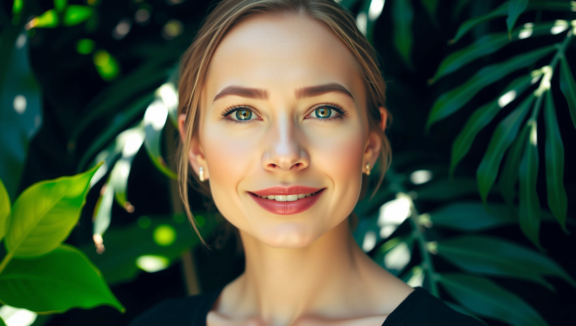 A woman with radiant skin smiling, surrounded by soft, natural light, symbolizing natural beauty and well-being.