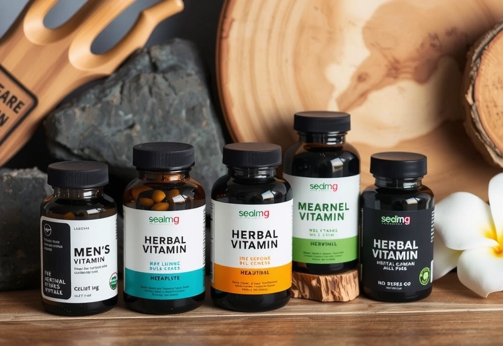 A collection of herbal vitamin bottles for men, with a strong, natural aesthetic.