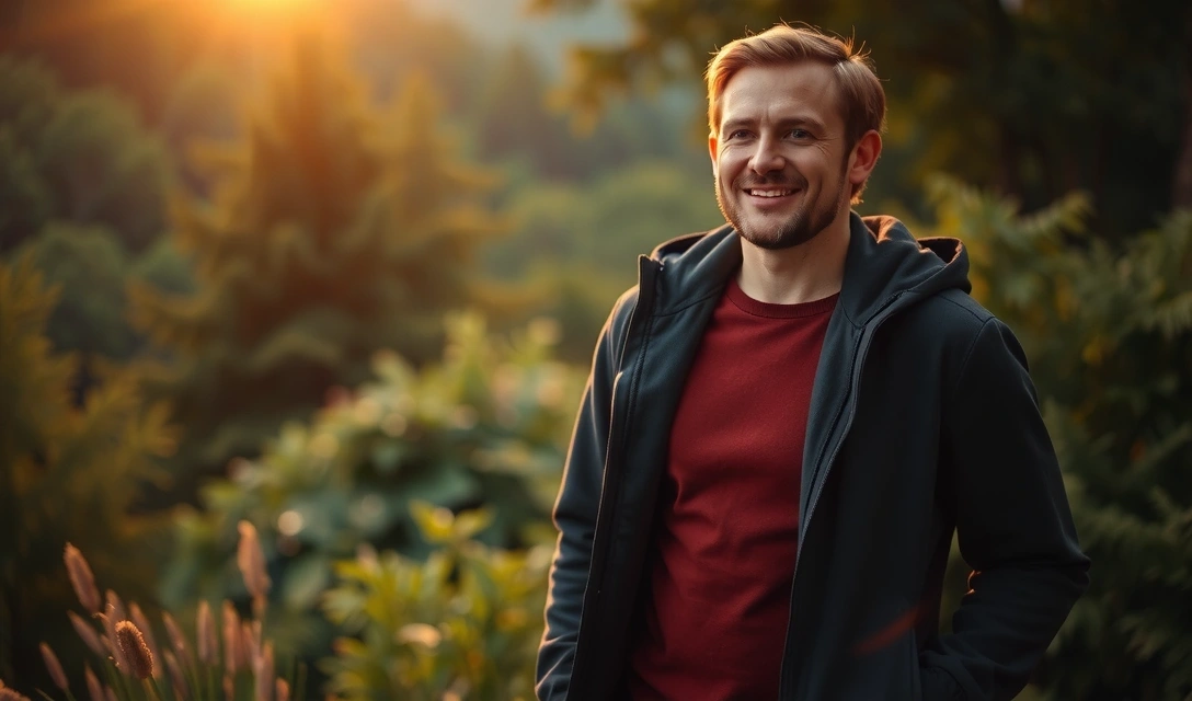 Man in nature feeling revitalized by herbal vitamins