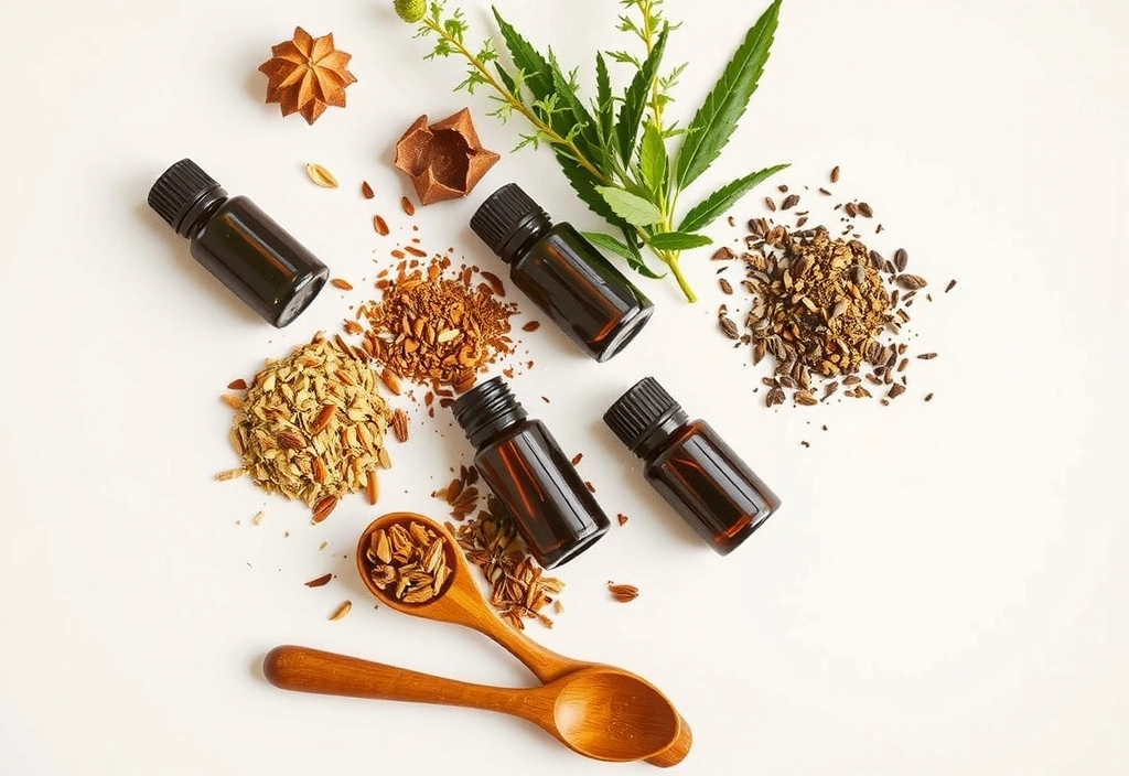 Assortment of herbal products on a clean, white background, emphasizing natural ingredients